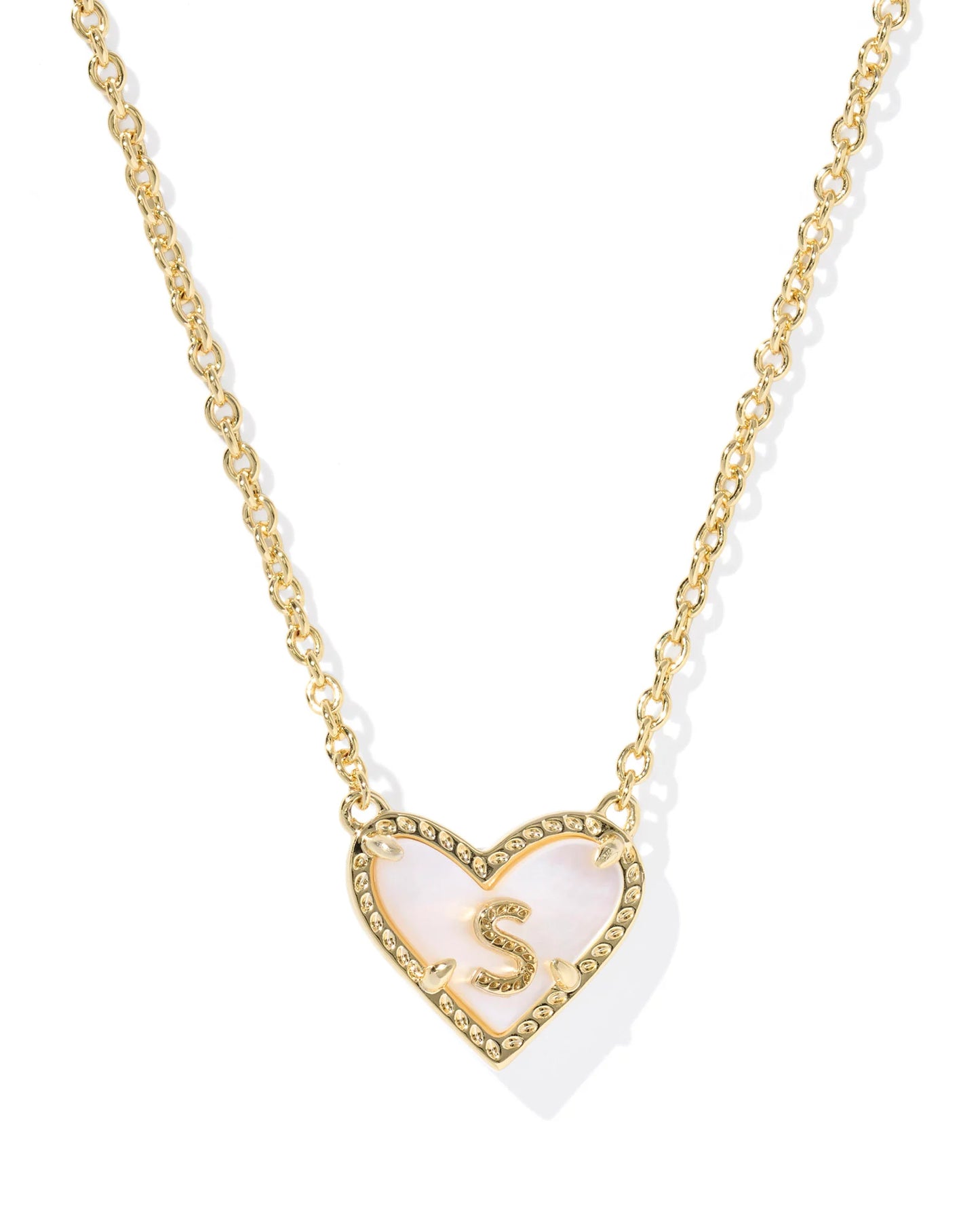 HEART LETTER S SHORT PENDANT NECKLACE GOLD IVORY MOTHER OF PEARL