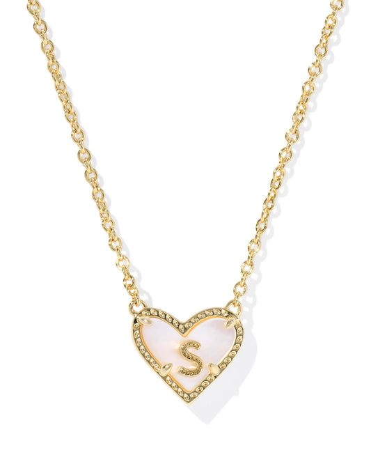 HEART LETTER S SHORT PENDANT NECKLACE GOLD IVORY MOTHER OF PEARL