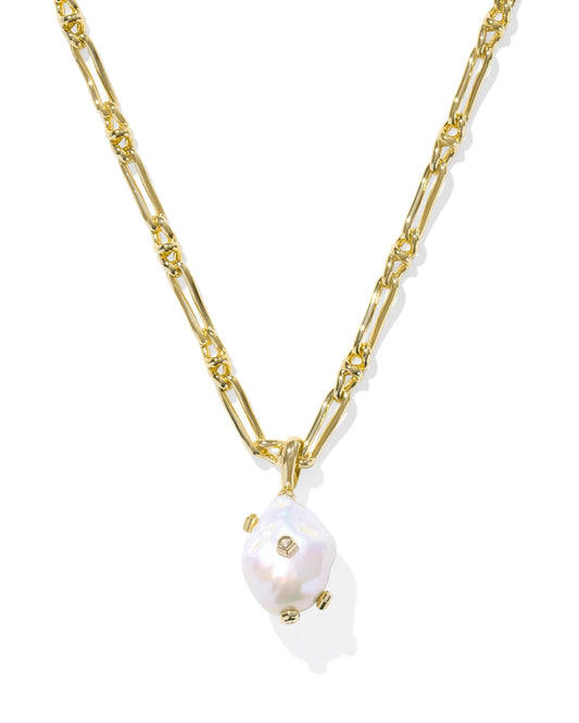 MELODY SMALL LONG PENDANT NECKLACE GOLD WHITE PEARL