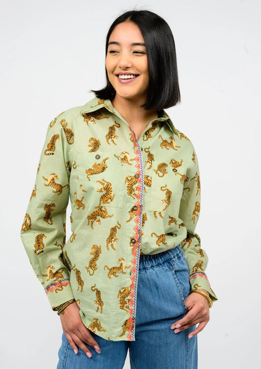 Tiger Embroidered Camp Shirt