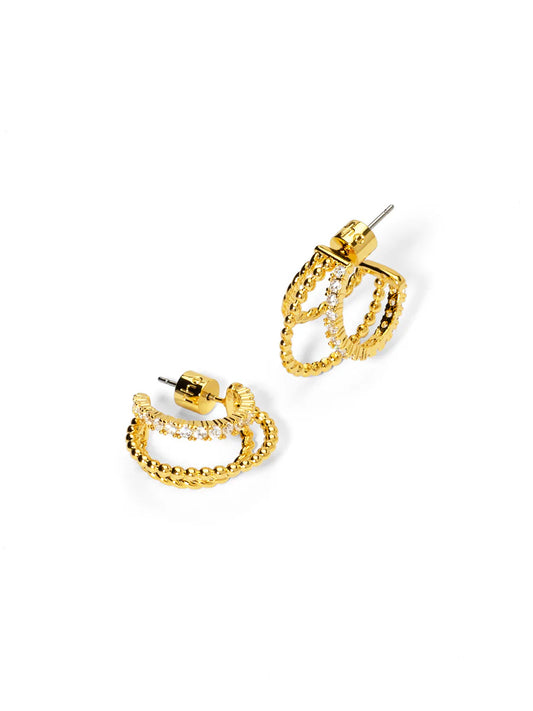 Triple Hoop Pave Huggie Earring Gold