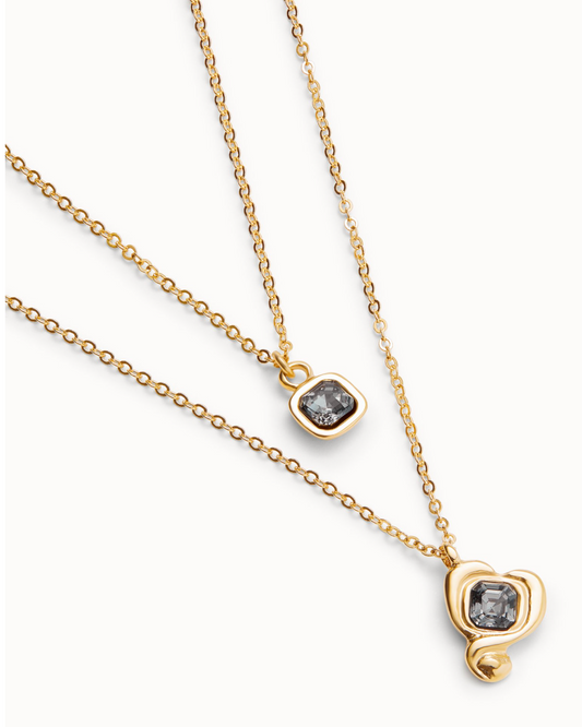 18k gold plated metal alloy pendant with double chain and heart with grey crystals