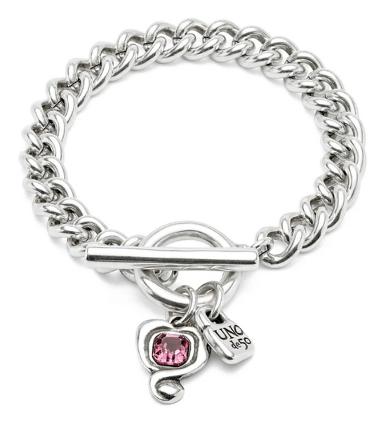 sterling silver plated metal alloy chain bracelet with heart and rosa crystal clasp M