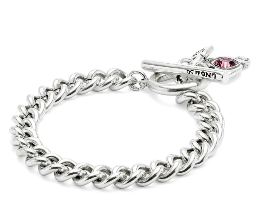 sterling silver plated metal alloy chain bracelet with heart and rosa crystal clasp M