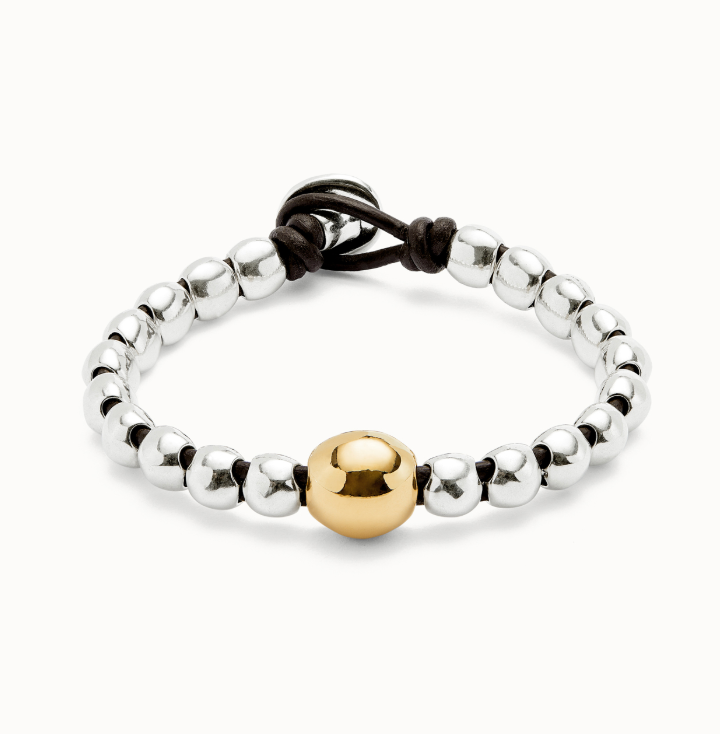 Sterling silver plated metal alloy bead bracelet with 18k gold plated central bead M