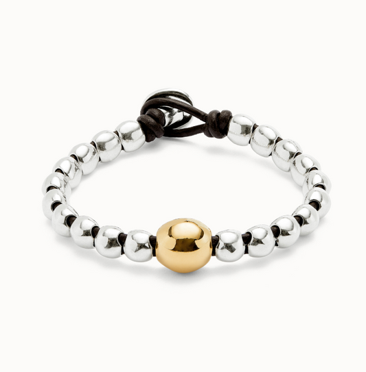 Sterling silver plated metal alloy bead bracelet with 18k gold plated central bead M