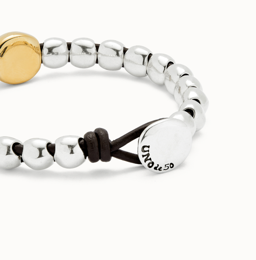 Sterling silver plated metal alloy bead bracelet with 18k gold plated central bead M