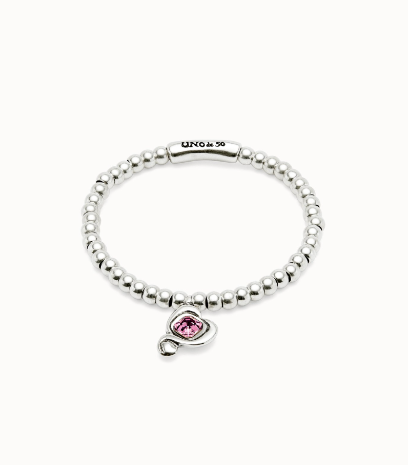 bracelet made of sterling silver plated metal alloy beads with pink crystal heart M