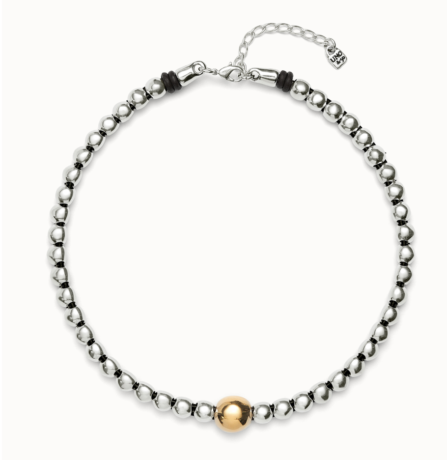 sterling silver plated metal alloy bead necklace with 18k gold plated central bead