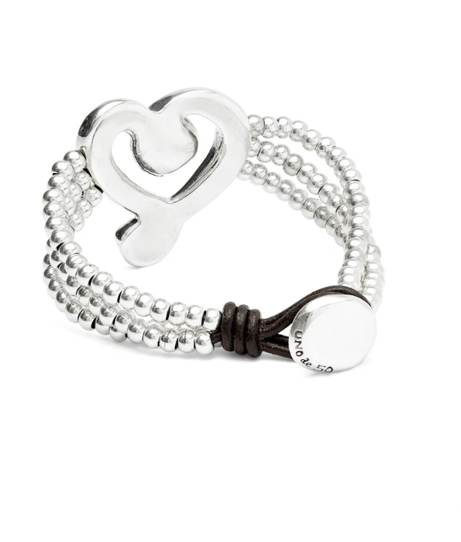 bead bracelet with heart in metal alloy plated in sterling silver with glass M