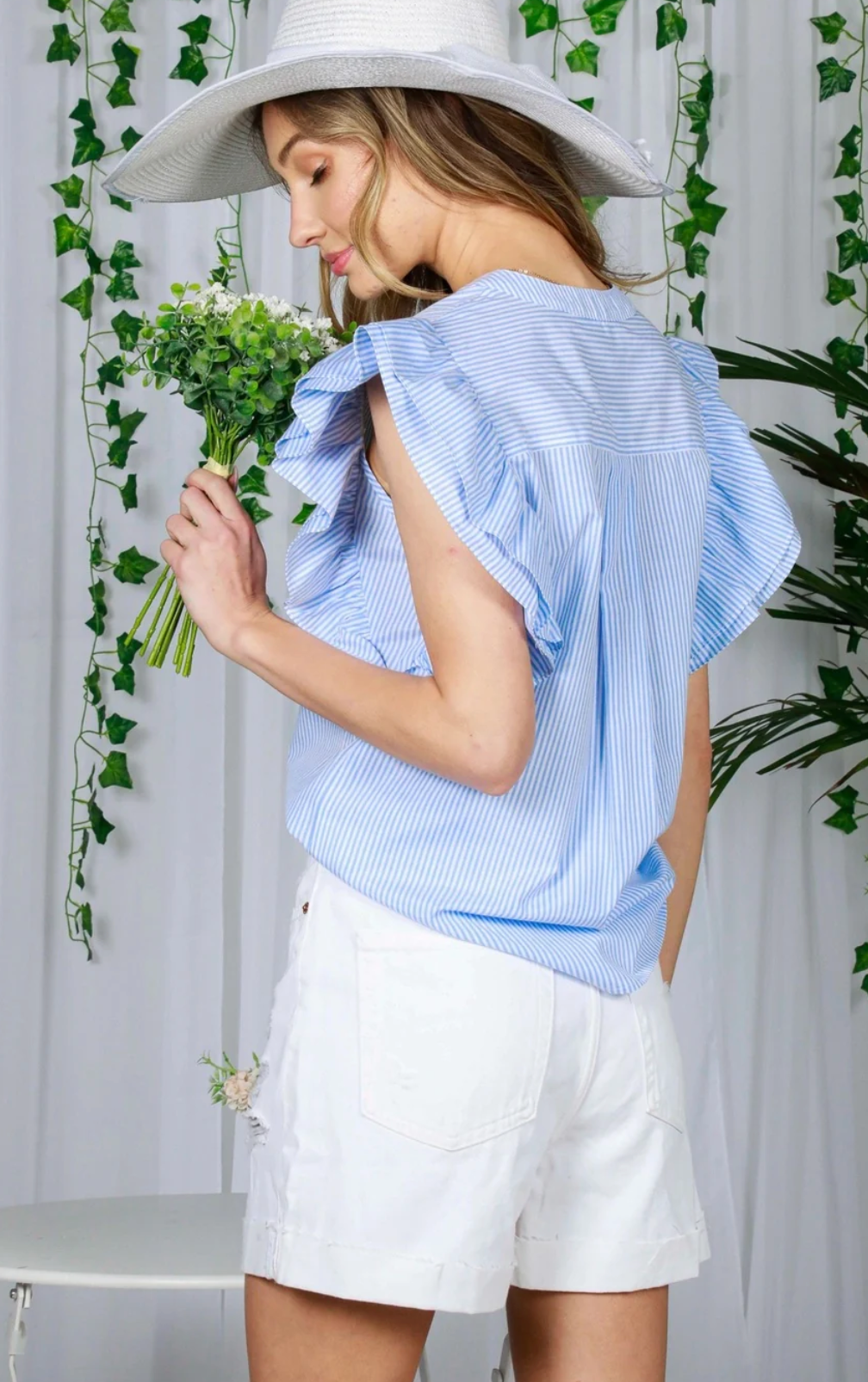 HENLEY NECKLINE SHORT RUFFLE SLEEVE STRIPED SHIRT