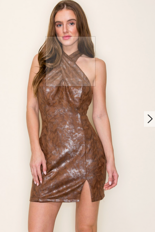 HALTER NECK SEDE FOIL MINI DRESS