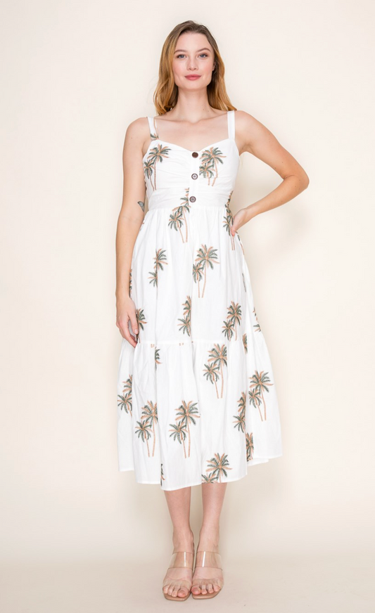 PALM TREE EMBROIDERY SLEEVELESS MIDI DRESS