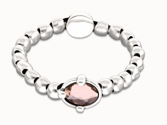 Sterling silver plated metal beaded bracelet with a pink faceted crystals and elastic string M