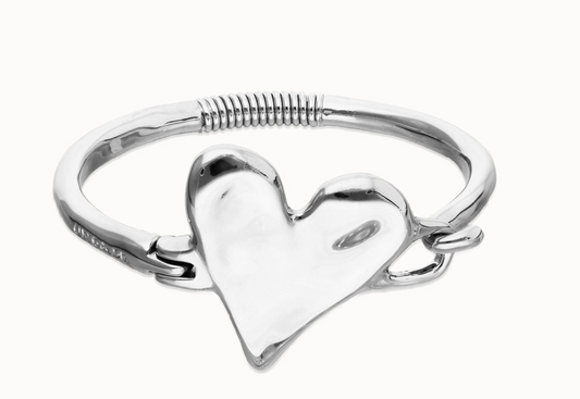 Metal alloy semi rigid bracelet plated in sterling silver with heart detail M