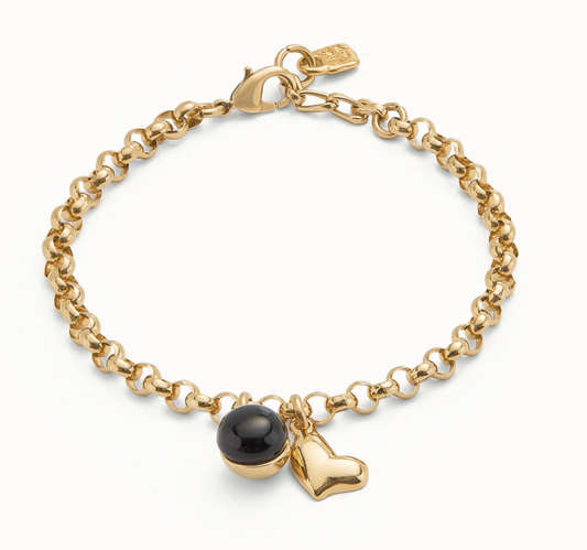 18k gold plated metal alloy chain bracelet with padlock, key and black murano charm M