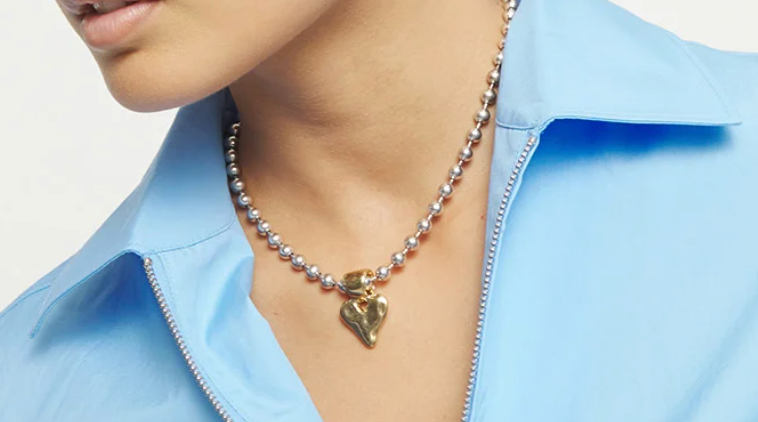 Sterling silver plated ball  necklace with 18k gold heart detail