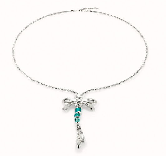 long metal alloy necklace plated sterling silver and dragonfly with green craft crystals