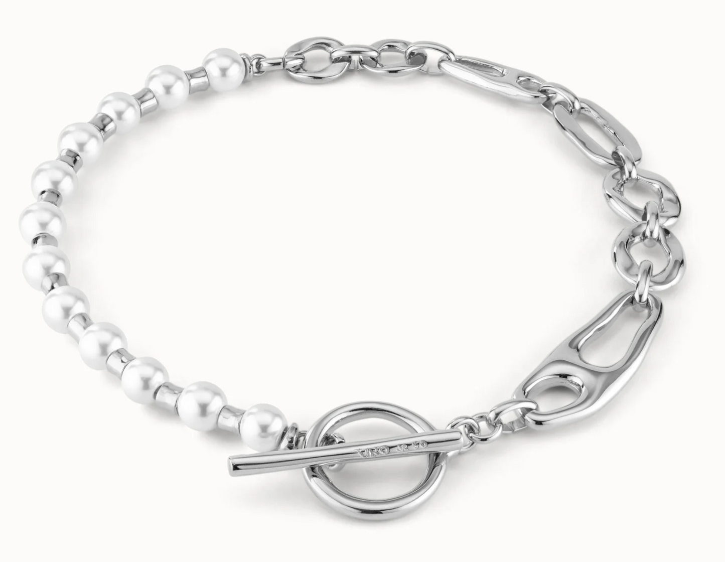 sterling silver metal alloy necklace with a combination of links, pearls and ring and bar clasp