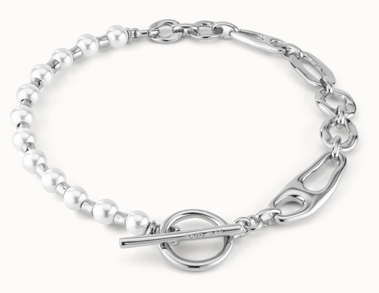 sterling silver metal alloy necklace with a combination of links, pearls and ring and bar clasp