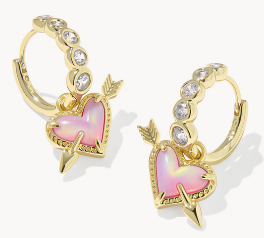 ARI HEART ARROW HUGGIE EARRINGS GOLD PINK OPALESCENT RESIN