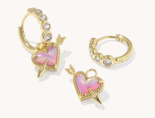 ARI HEART ARROW HUGGIE EARRINGS SILVER PINK OPALESCENT RESIN