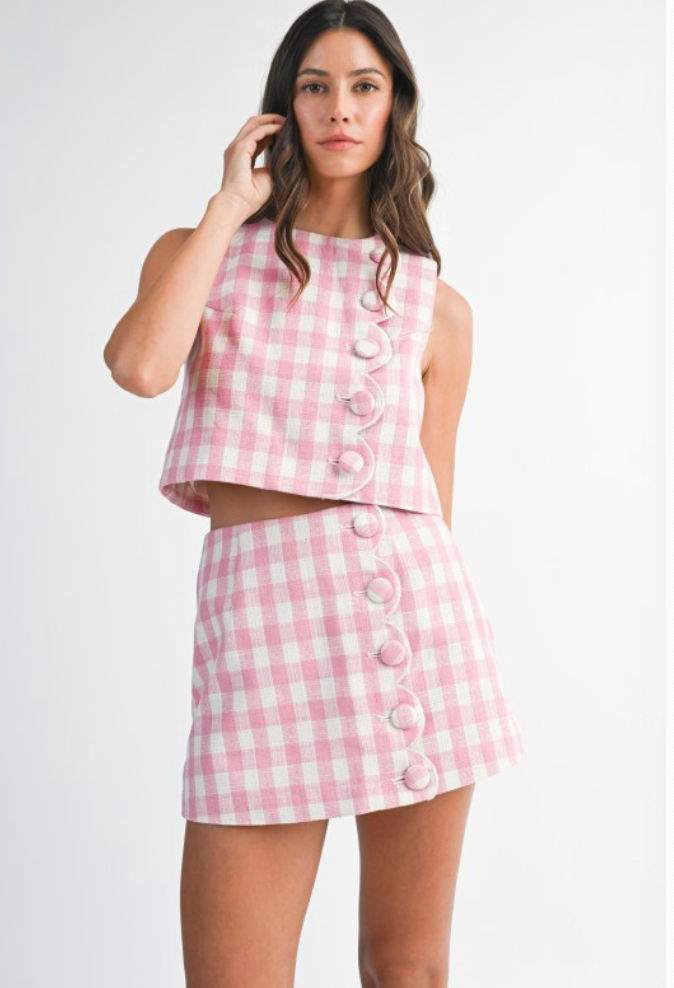 GINGHAM SCALLOP CROP TOP AND SKORT SET