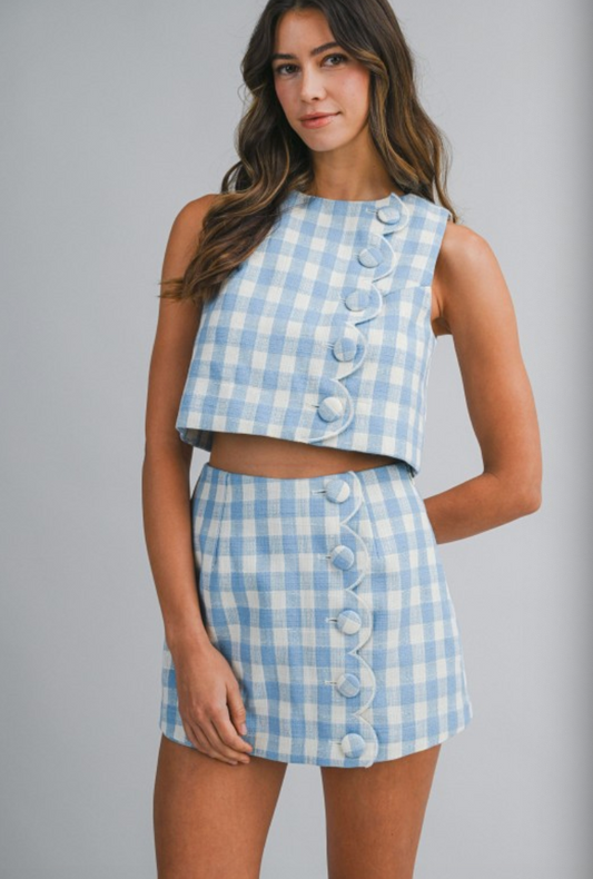 GINGHAM SCALLOP CROP TOP AND SKORT SET