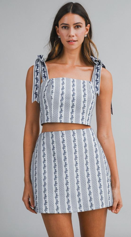WALL PAPER JACQUARD STRAP TIE CROP TOP AND SKORT SET