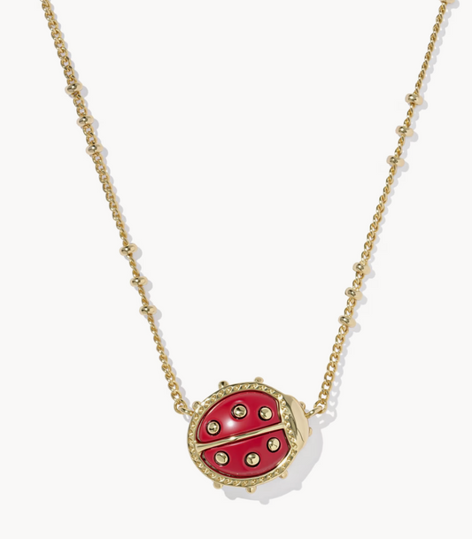 LADYBUG SHORT PENDANT NECKLACE GOLD RED VERMILLION MAGNESITE