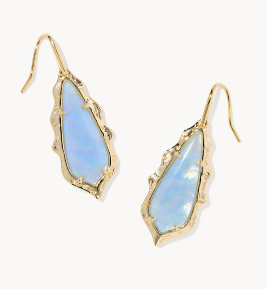 ADRIANA SCALLOP FRAME DROP EARRINGS GOLD SKY BLUE IRIDESCENT ABALONE