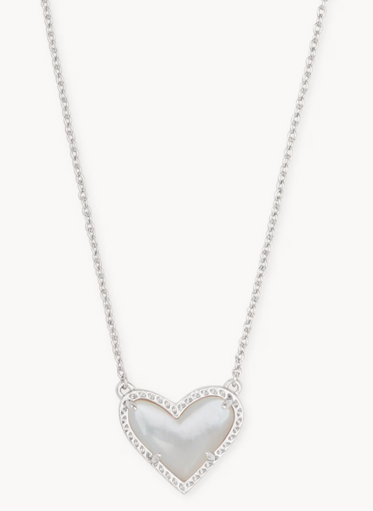 ARI HEART STATEMENT SHORT PENDANT NECKLACE SILVER IVORY MOTHER OF PEARL