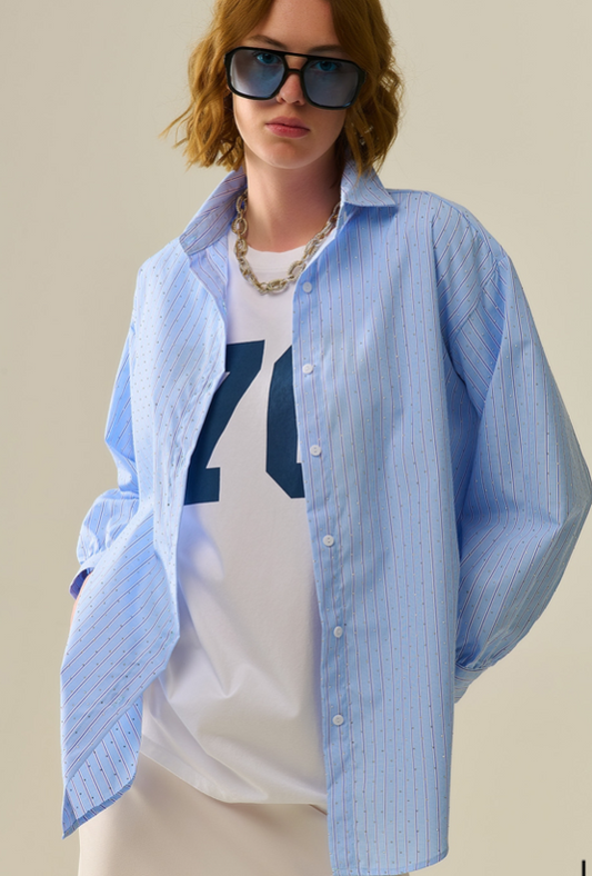 Striped poplin shirt embellished with strass