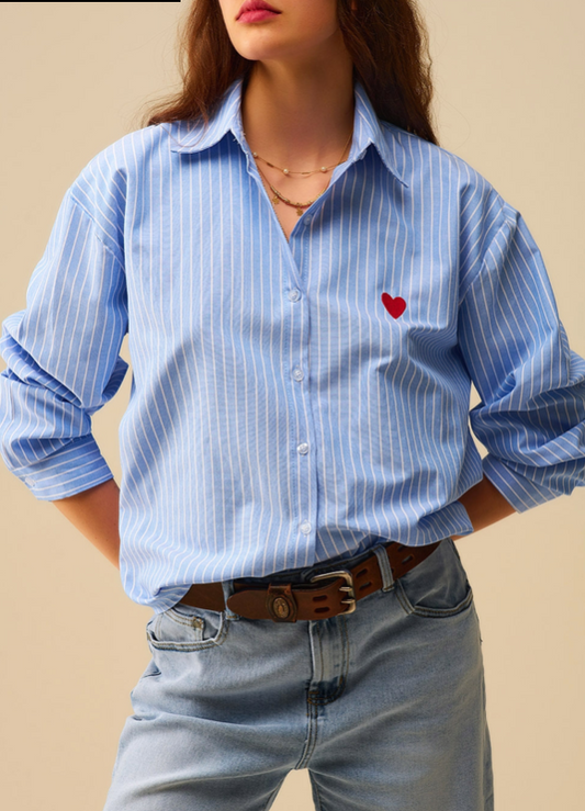 Striped shirt with red heart embroidery