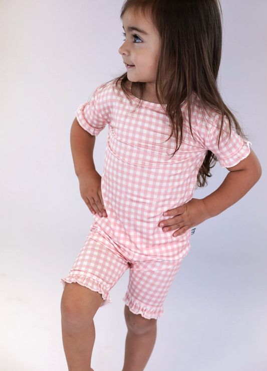 SS & SHORTS RUFFLE PJ- GINGHAM COTTAGE PINK