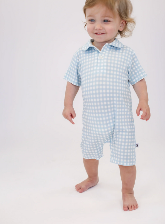 SS POLO ROMPER- GINGHAM COTTAGE BLUE