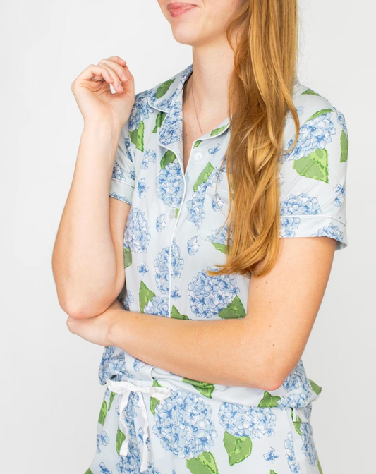 Hydrangea Short Sleeve Button Up Sleep Shirt   Illusion/Blue/Green   Large