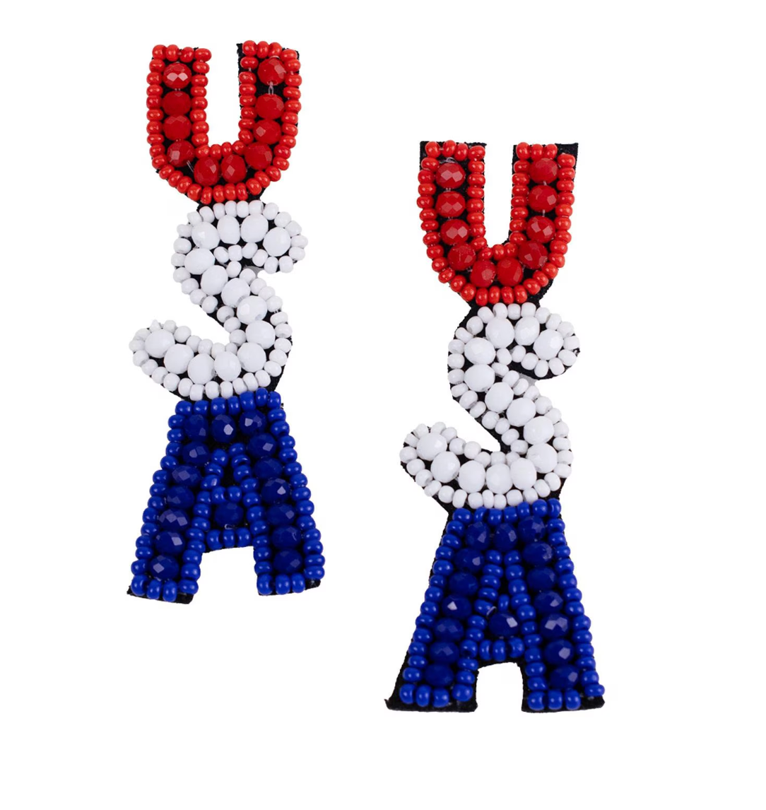 USA Beaded Earrings   Red/White/Blue   2.5"