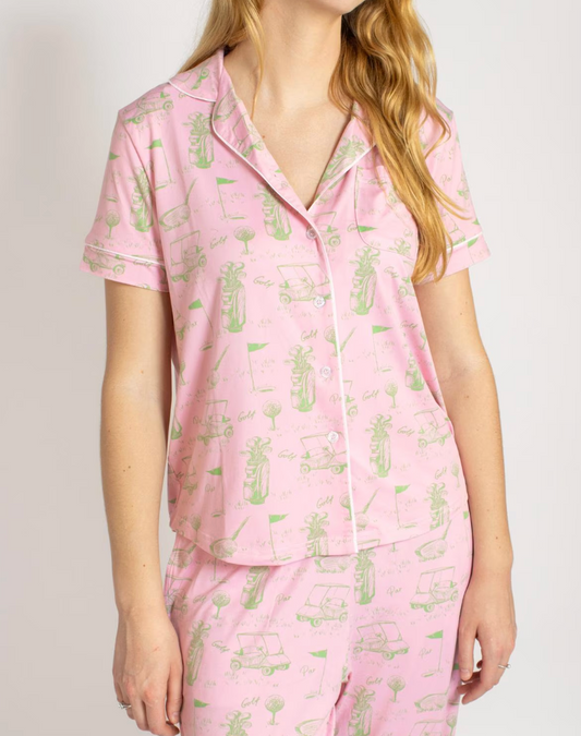 On Par Short Sleeve Button Up Sleep Shirt   Light Pink/Green   Large