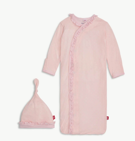 PIN DOT PINK RUFFLE PLACKET GOWN + HAT SET NB-3M