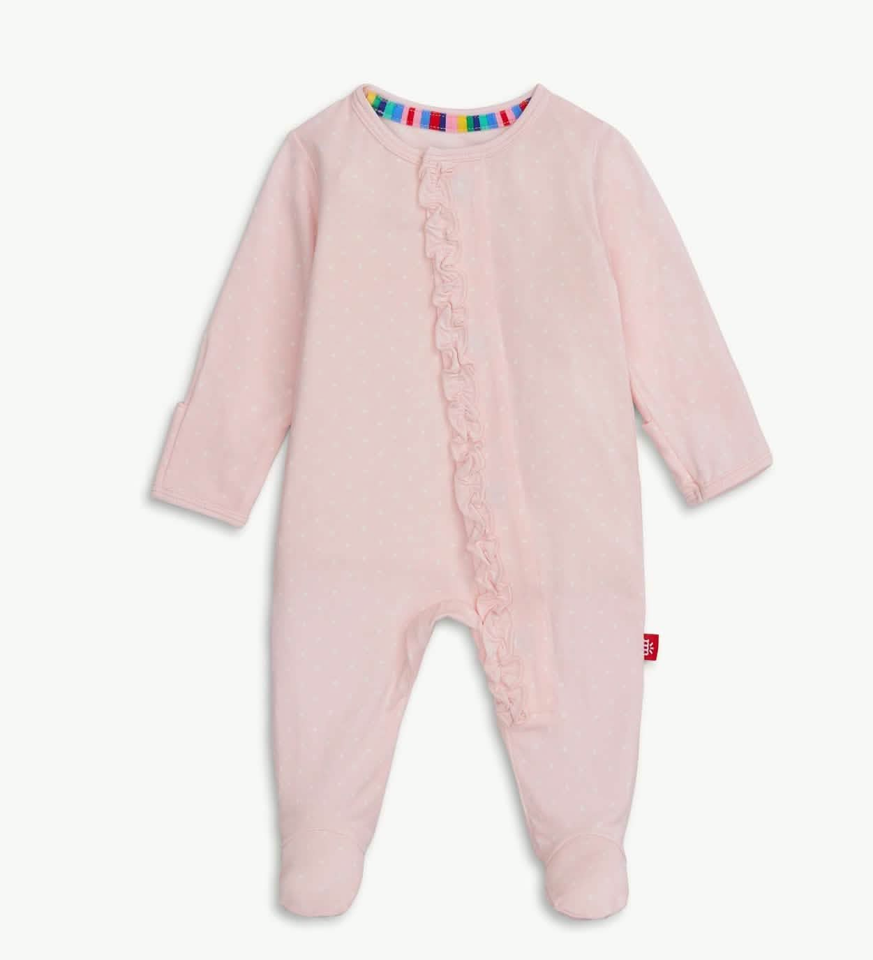 PIN DOT PINK RUFFLE PLACKET FOOTIE 3-6M