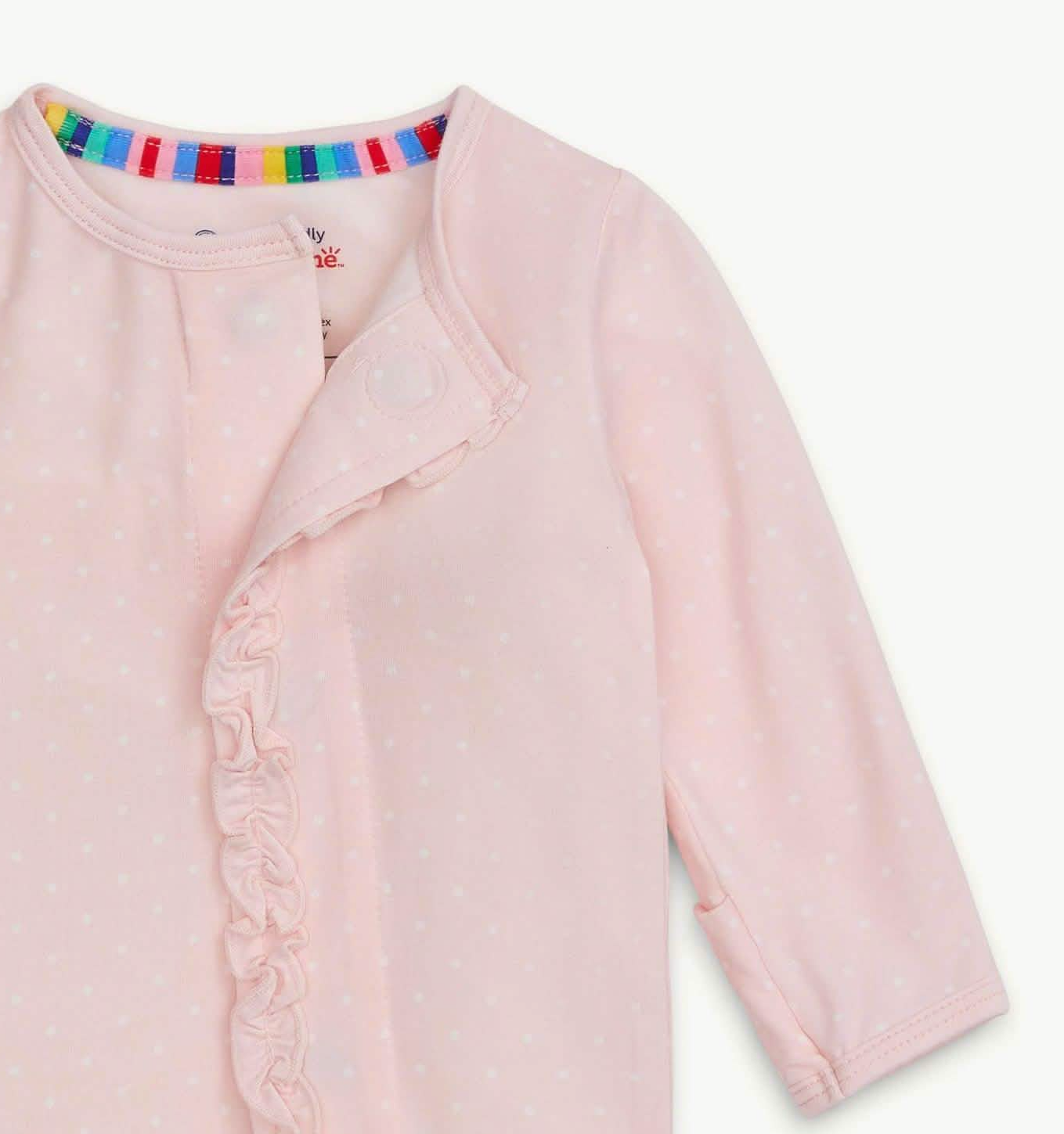 PIN DOT PINK RUFFLE PLACKET FOOTIE 3-6M