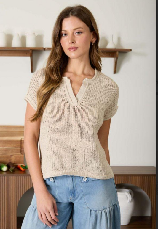 SPLIT NECK SHEER KNIT TOP