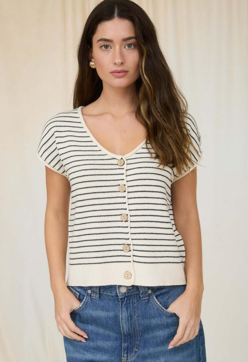 STRIPE SCOOP NECK SHORT SLEEVE CARDIGAN