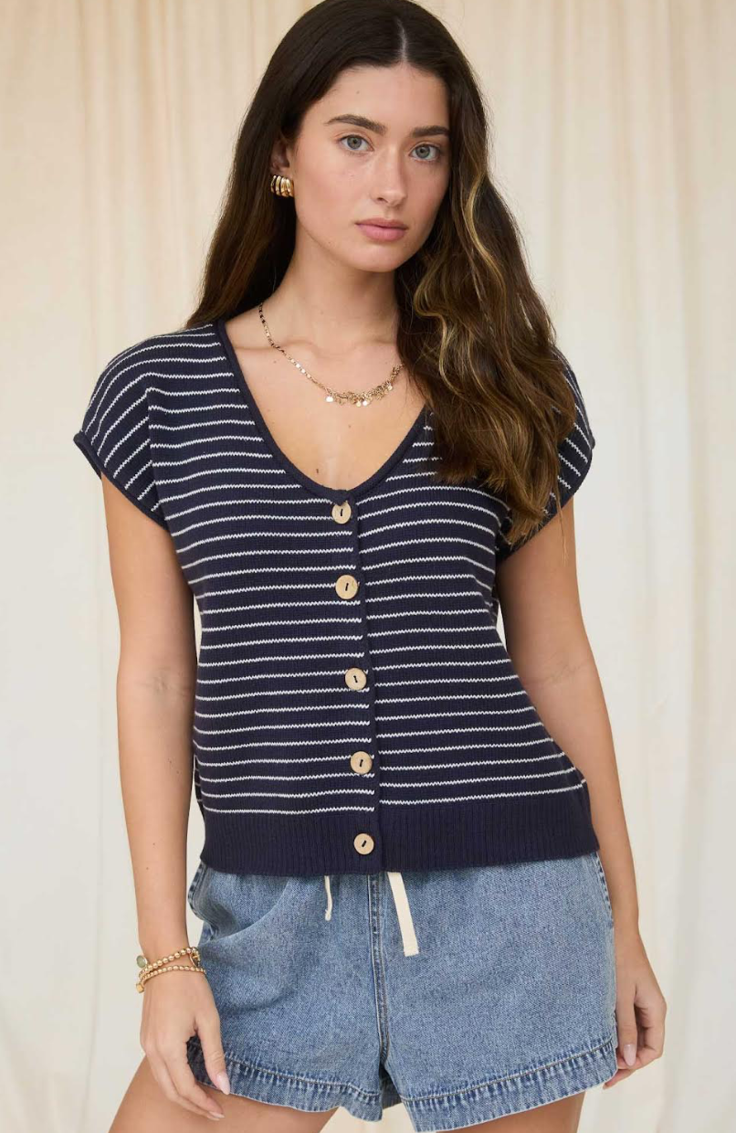 STRIPE SCOOP NECK SHORT SLEEVE CARDIGAN