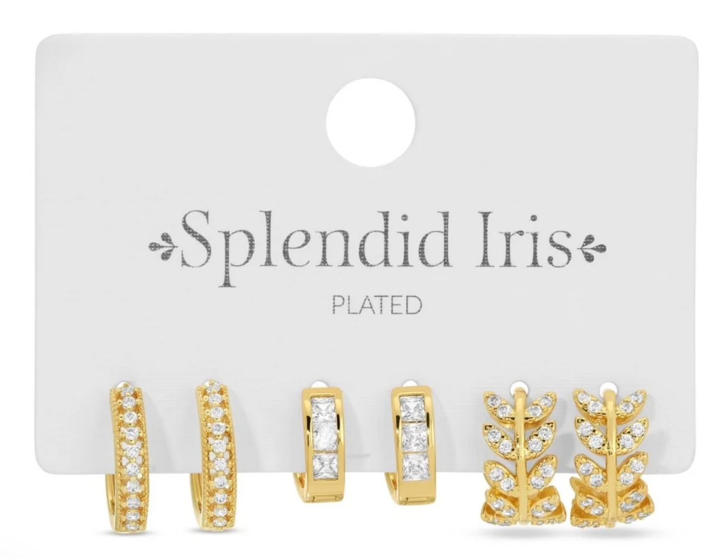 Earrings - Carded set of 3 cz accented huggies: delicate cz textured, bold cz, leaf shape, Gold