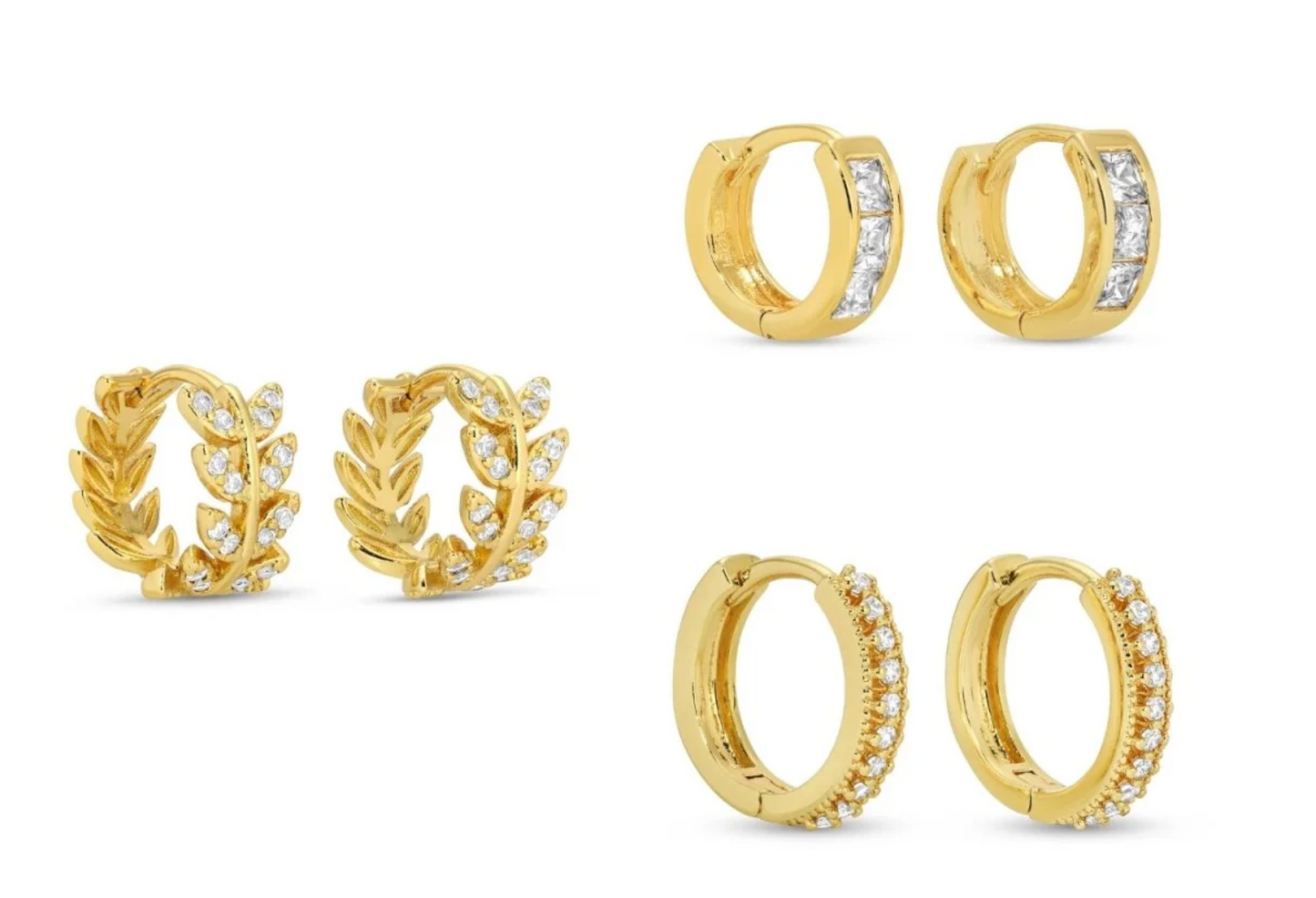 Earrings - Carded set of 3 cz accented huggies: delicate cz textured, bold cz, leaf shape, Gold