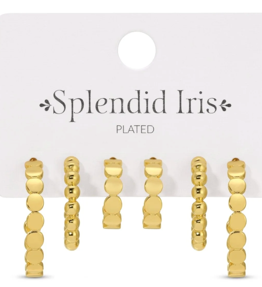 Earrings - Carded set of 3 cz accented huggies: petite flat dot hoops, small ball hoops, medium flat dot hoops, Gold