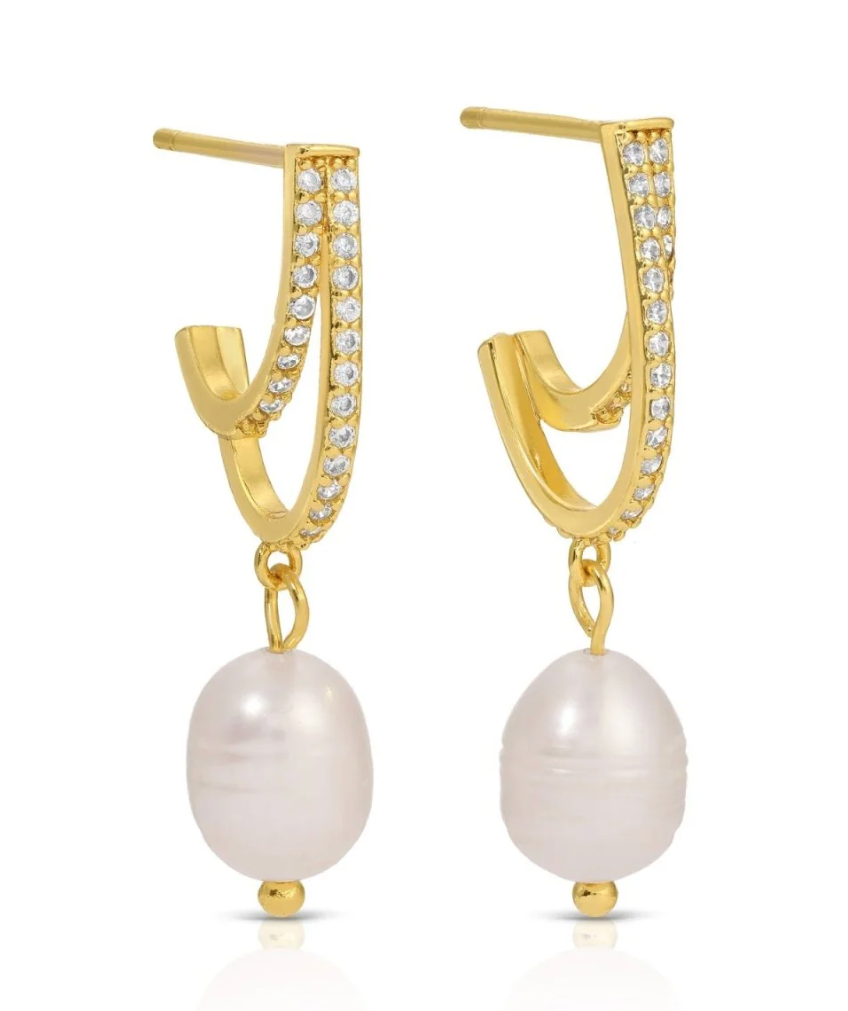 Earrings - Pave huggies with pearl drop, Gold