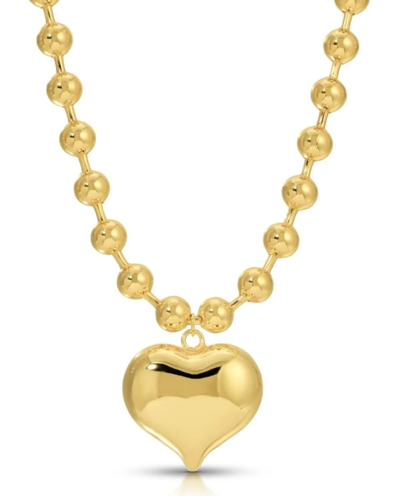 Necklace -Large bubble heart pendant on 8mm ball chain , Gold
